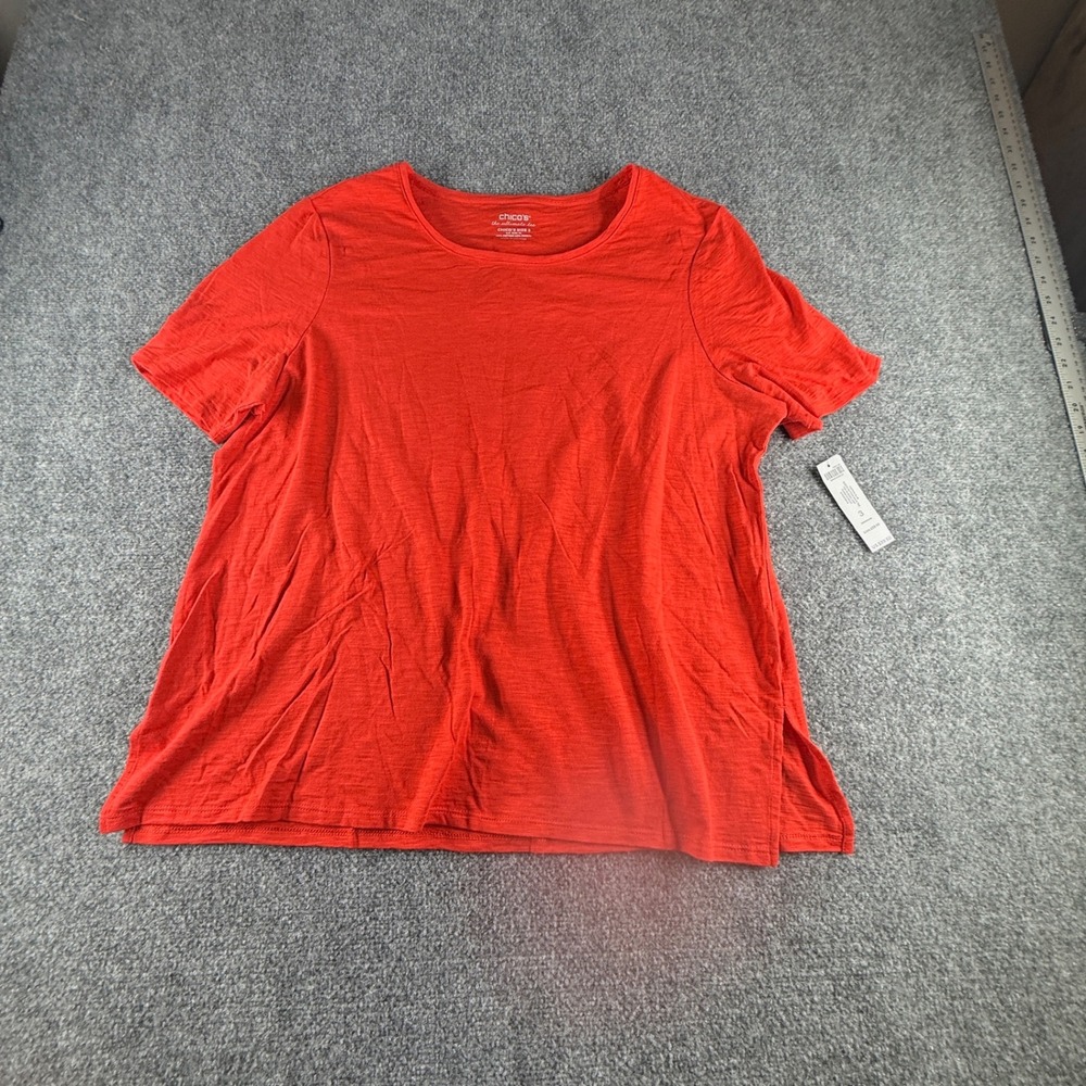 Chico's Ultimate Tee Flame Scarlet Red Cotton Slub Button Back Top Size 3 XL